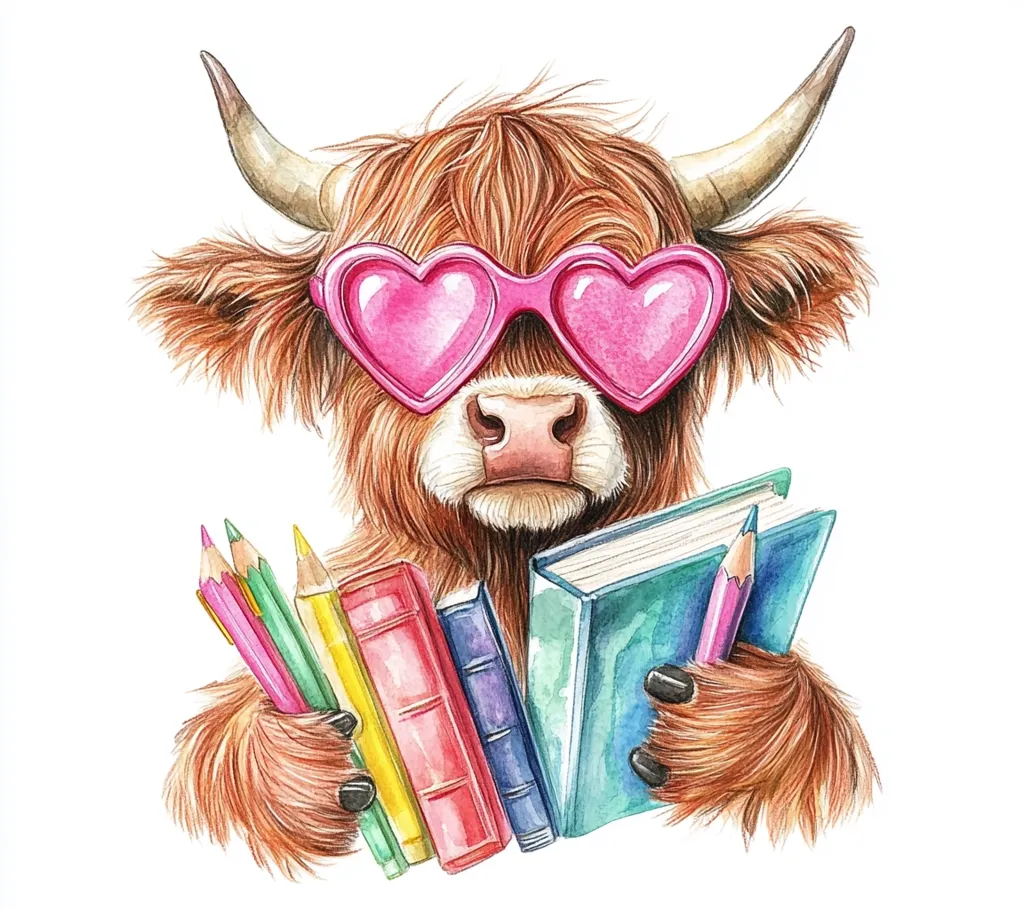 A Highland cow, wearing heart-shaped sunglasses, holds a stack of colorful books and colored pencils.  The watercolor illustration depicts the cow's furry face and hooves, showcasing a charming and studious personality. The vibrant colors of the books and pencils contrast playfully with the cow's rich brown fur.