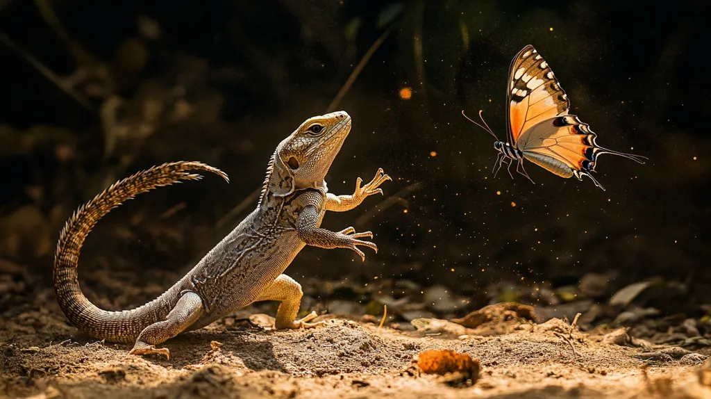 A spiny-tailed iguana stands alert on sunlit earth, its long tail curved elegantly.  A large orange and black butterfly flits nearby, creating a captivating moment of wildlife interaction.  Dust motes dance in the sunbeams, adding to the dramatic scene's ethereal quality.  The lizard's stance suggests anticipation or curiosity towards the passing butterfly.