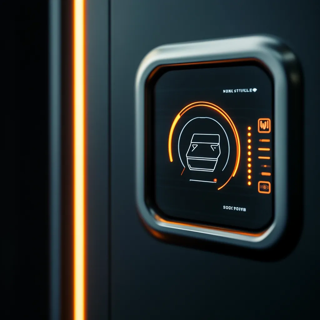 A futuristic, dark-colored control panel features a sleek, metallic frame.  An orange glow illuminates a central display showcasing a stylized food container icon and various indicators.  The minimalist design suggests advanced technology, possibly within a high-tech appliance or vehicle.  A vertical orange accent strip flanks the panel.  The overall aesthetic is clean, modern, and suggestive of science fiction.