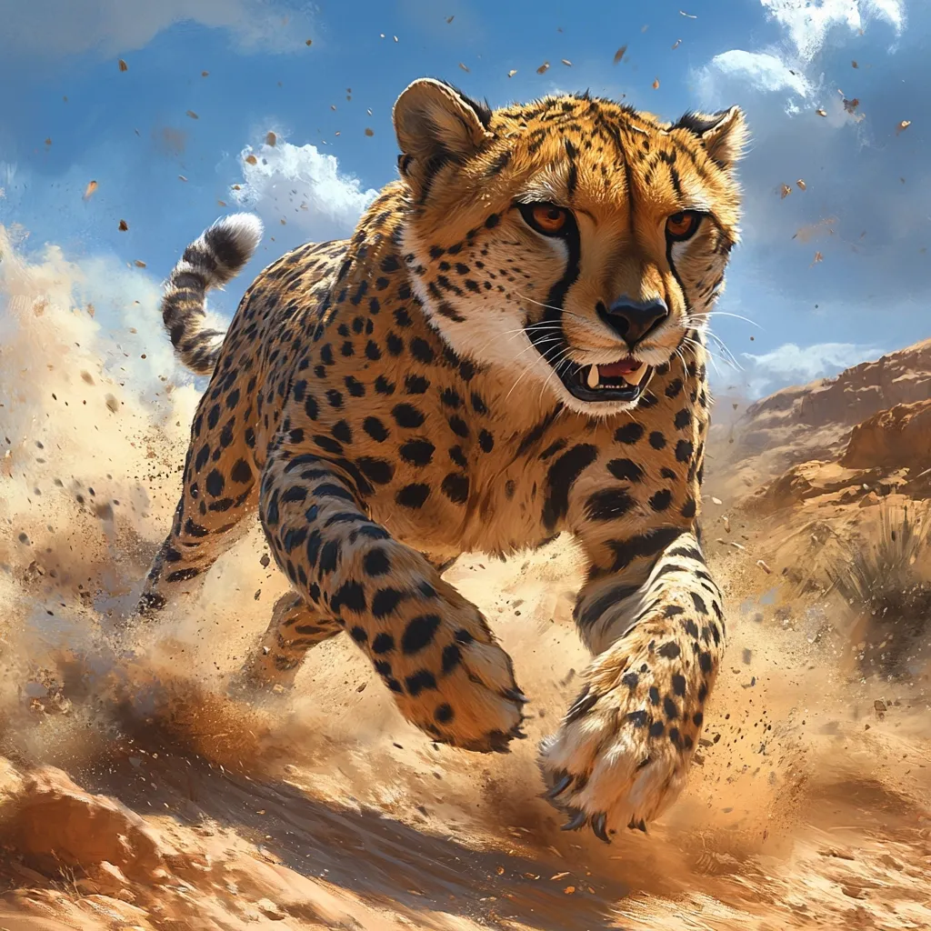 A cheetah, its coat a mosaic of tawny and black spots, is depicted in a dynamic full-speed sprint across a sandy landscape.  Dust explodes around its powerful legs as it runs, its intense gaze fixed ahead. The background showcases a desert scene under a vibrant blue sky dotted with fluffy white clouds. The image captures the cheetah's raw power and speed, a breathtaking moment of wild beauty.