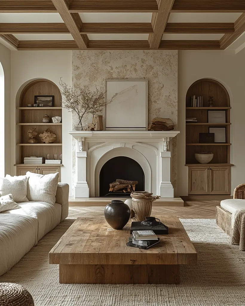 A spacious living room features a large, rustic wooden coffee table as its centerpiece.  A neutral-toned, linen sofa sits nearby, facing a stately white fireplace with a wood-burning hearth.  The room boasts arched built-in wooden shelves on either side of the fireplace, filled with decorative items and books.  A coffered ceiling and beige patterned wallpaper complete the sophisticated, earthy aesthetic.  The overall ambiance is calm and inviting.