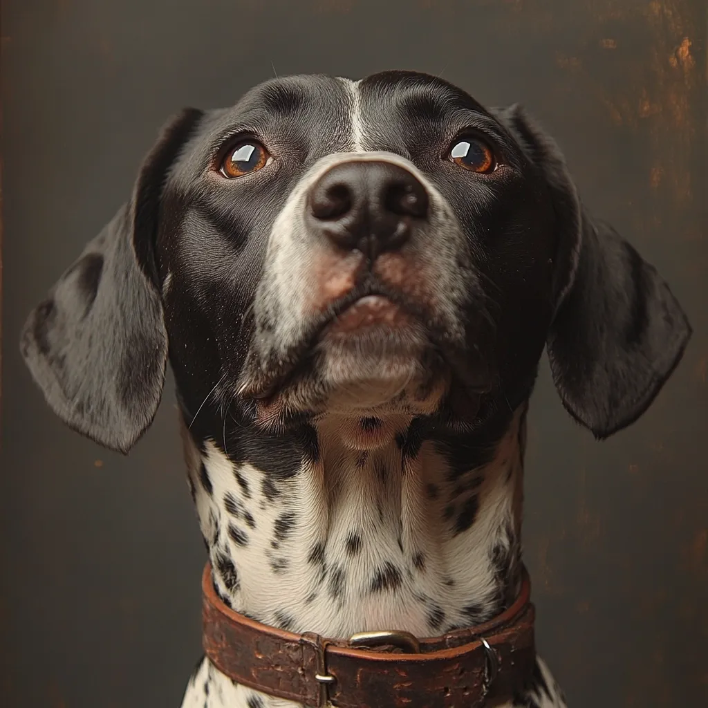 Close-up portrait of a black and white spotted dog, possibly a Dalmatian mix, looking upward.  The dog's fur is short and its expression is attentive and curious.  It wears a brown leather collar. The background is a muted dark brown. The image has a professional, slightly moody feel.