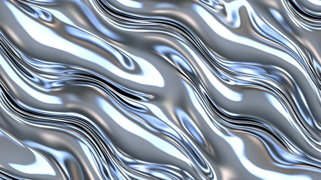 The image showcases a seamless texture of undulating, polished silver.  The metallic surface reflects light, creating highlights and shadows that accentuate the flowing, wave-like pattern.  The smooth, reflective quality suggests a liquid or highly malleable metal, giving a sense of fluidity and movement. The overall effect is sleek, modern, and visually captivating.