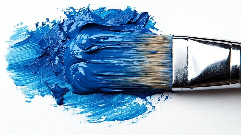 A paintbrush with vibrant blue paint rests on a white surface.  The brush bristles are saturated with the thick, glossy paint, creating a textured, expressive stroke.  The paint extends beyond the brush, leaving a dynamic smear across the background. The image is a close-up, emphasizing the texture and color of the paint and the metallic sheen of the brush handle.