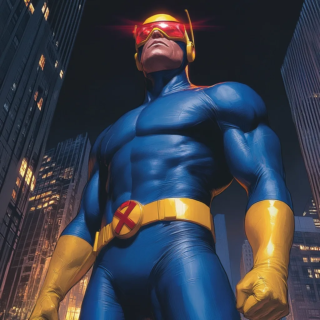 A powerful figure, clad in a blue bodysuit with yellow accents, stands amidst a city at night.  His helmet features red glowing visor, and a prominent X-shaped emblem adorns his belt.  The muscular physique and imposing stance convey strength and authority, set against the backdrop of towering buildings.  The overall style suggests a superhero or comic book character.