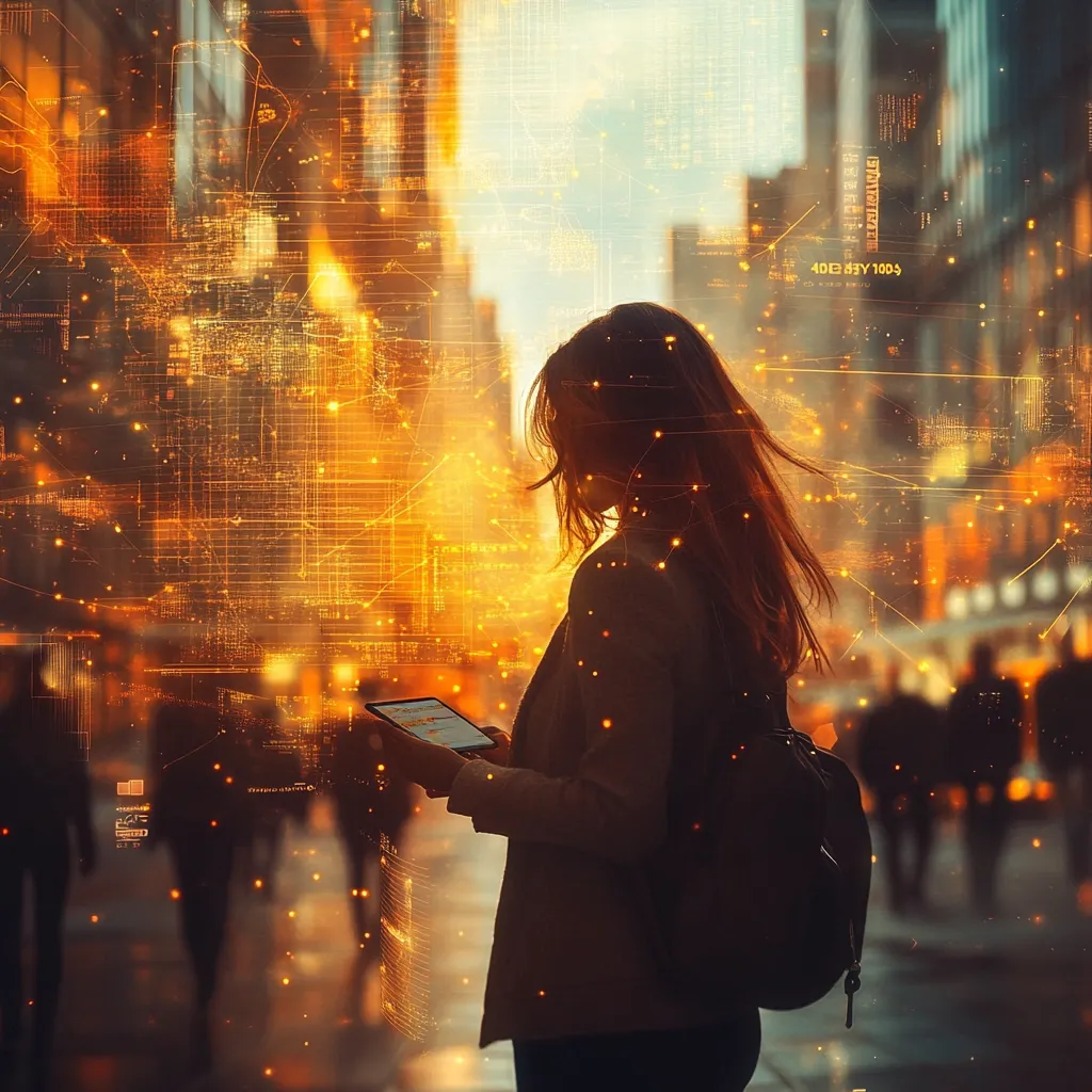 A woman stands in a bustling city street, silhouetted against a vibrant backdrop of glowing digital data streams.  She holds a tablet, seemingly interacting with the overlaid information. The warm, orange hues suggest a technologically advanced urban environment, possibly depicting a future where data flows seamlessly through city life.  The image evokes themes of connectivity, technology, and urban dynamism.