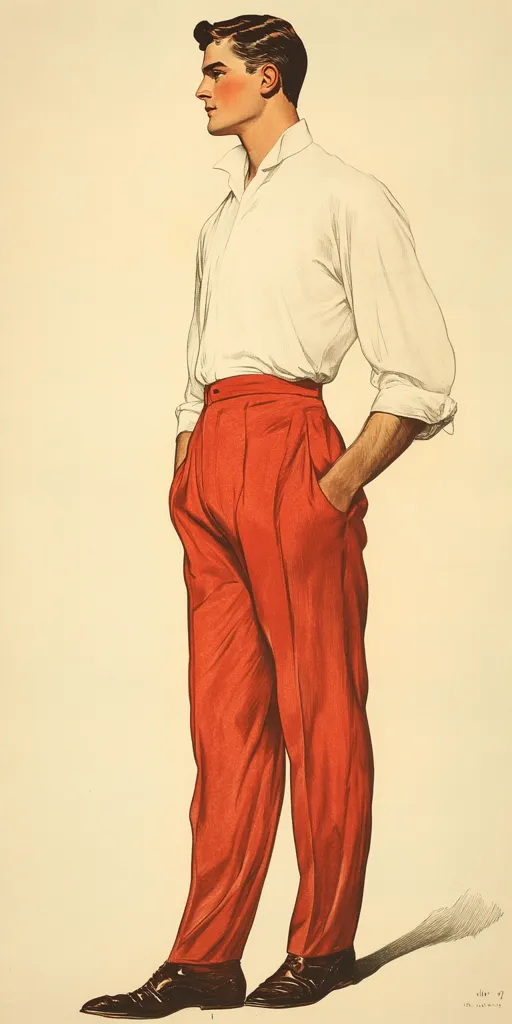 A profile view of a man in a vintage illustration. He is wearing a white long-sleeved shirt and bright red high-waisted trousers, with his hands in his pockets. His dark hair is neatly combed back, and he is wearing dark shoes. The style is reminiscent of early 20th-century men's fashion. The background is a plain, off-white color.