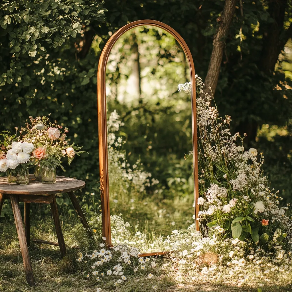 A rustic wooden arched mirror stands in a sun-dappled garden, surrounded by wildflowers.  A small wooden table sits beside it, holding mason jars filled with delicate blooms. The mirror reflects a verdant woodland scene, creating a tranquil and charming setting.  The overall atmosphere is one of natural beauty and peaceful serenity.