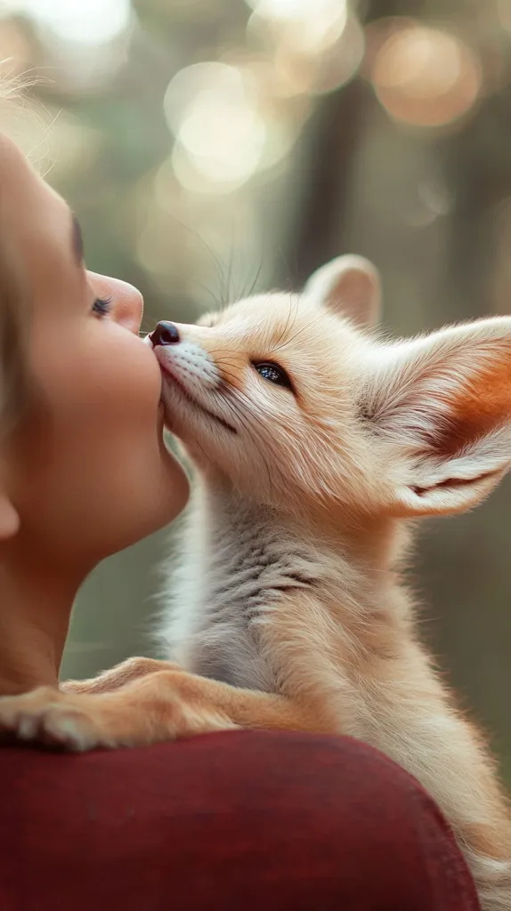 A young woman gently kisses a fluffy, pale orange fox kit. The fox rests its paws on the woman's shoulder, its eyes softly closed.  The background is blurred, suggesting a natural outdoor setting. The image conveys a sense of tenderness and affection between human and animal.