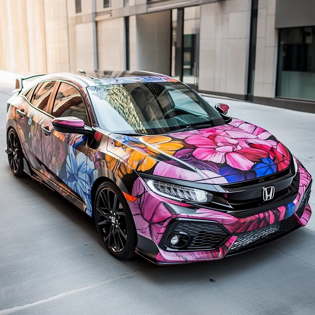 A Honda Civic hatchback is parked on a city street.  Its body is entirely covered in a vibrant, hand-painted floral design featuring large pink peonies, yellow and orange blooms, and blue accents. The black rims contrast sharply with the colorful wrap. The car is sleek and modern, the artwork adding a striking, artistic touch. The urban background emphasizes the car's unique design.