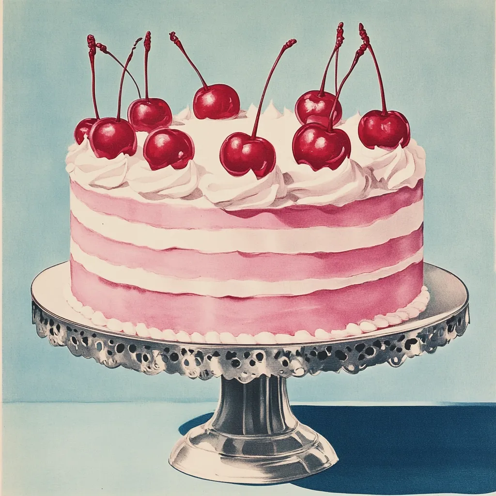 A delectable pink layered cake, adorned with a generous swirl of white frosting and topped with glistening maraschino cherries, sits elegantly on a silver cake stand.  The cake's smooth, even layers and vibrant color create a visually appealing dessert, perfect for a celebratory occasion. The pastel background complements the cake's bright hues, enhancing its overall presentation.
