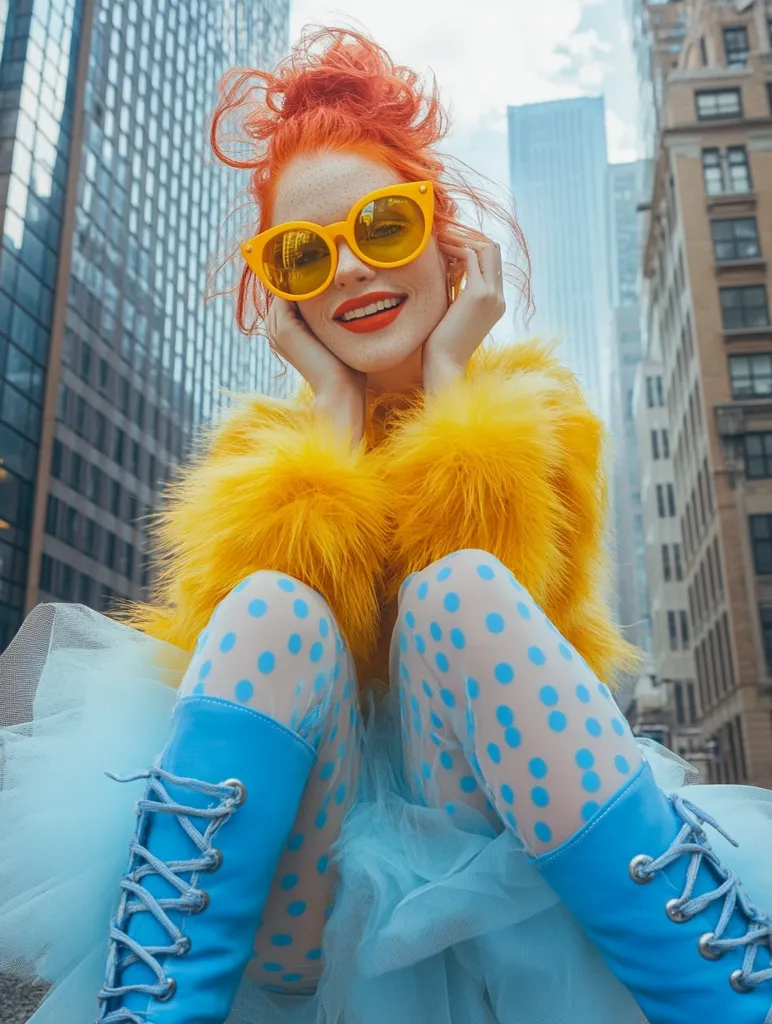 A young woman with vibrant orange hair poses against a city backdrop. She's dressed in a bright yellow fur coat, light blue polka dot tights, and matching light blue lace-up boots.  A pastel blue tulle skirt adds to her colorful outfit, complemented by bold yellow sunglasses. Her cheerful expression and bold style create a striking image.