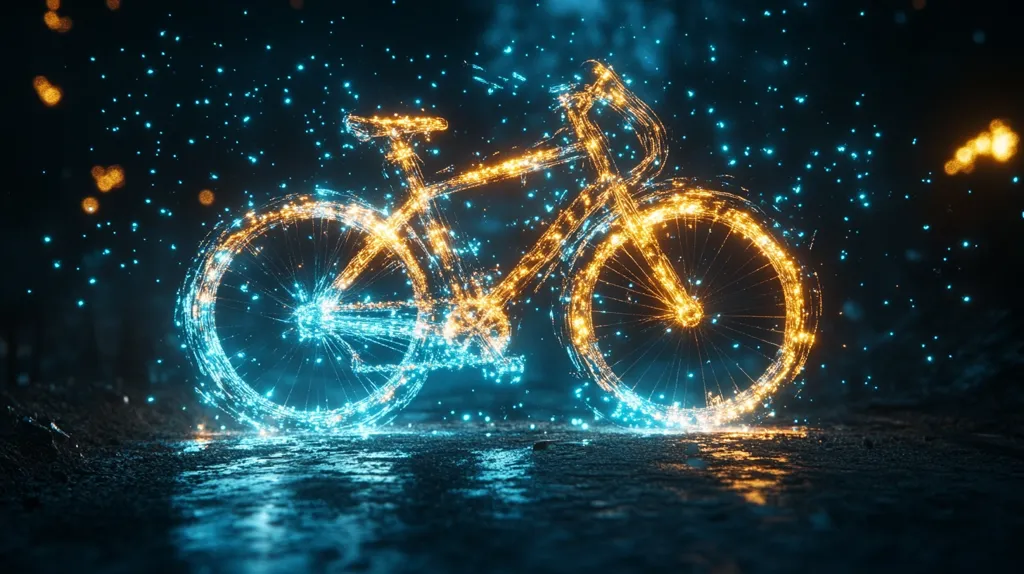 A bicycle is depicted as a vibrant, ethereal form composed of glowing particles.  The image is dark, with the bicycle rendered in shades of blue and gold light, appearing almost like energy or stardust. The bike seems to be resting on a dark, reflective surface, with tiny sparkles scattered around it. The overall effect is surreal and artistic, suggesting motion and dynamism.
