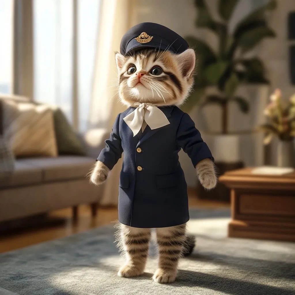 An adorable tabby kitten is dressed in a miniature pilot's uniform, complete with a navy blue coat, crisp white neckerchief, and a captain's hat.  The kitten stands on a rug in a sunlit living room, gazing upwards with a charmingly serious expression.  The scene is warm and inviting, showcasing the cute contrast between the sophisticated outfit and the fluffy feline.