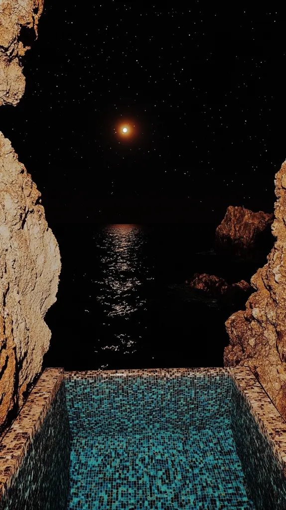 A tranquil night scene showcases a small, dark-blue tiled pool nestled between rugged rock formations.  The pool overlooks a calm sea, reflecting the light of a full moon and a star-studded sky. The rocks are textured and warm-toned, contrasting the cool blues of the water. The overall atmosphere is serene and peaceful, suggestive of a secluded and luxurious location.
