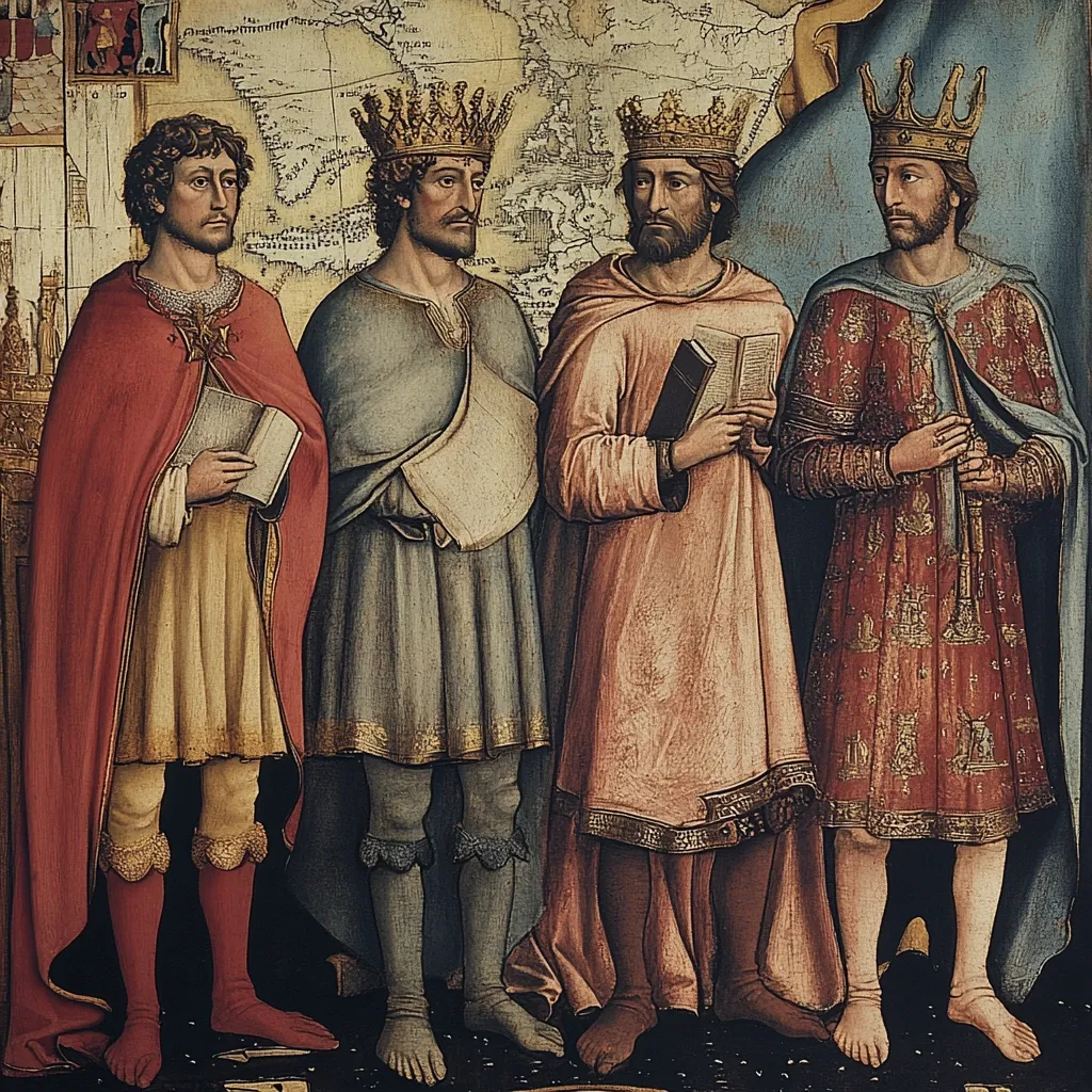 A 15th-century painting depicts four kings, possibly Aragonese, standing barefoot before a map.  Three wear crowns and ornate robes; one is cloaked in red.  Each holds a book, suggesting scholarly or religious significance. The detailed map in the background hints at a historical or geographical context, possibly relating to their reign or conquests.  The painting's style is characteristic of early Renaissance art, with rich colors and a focus on symbolic representation.