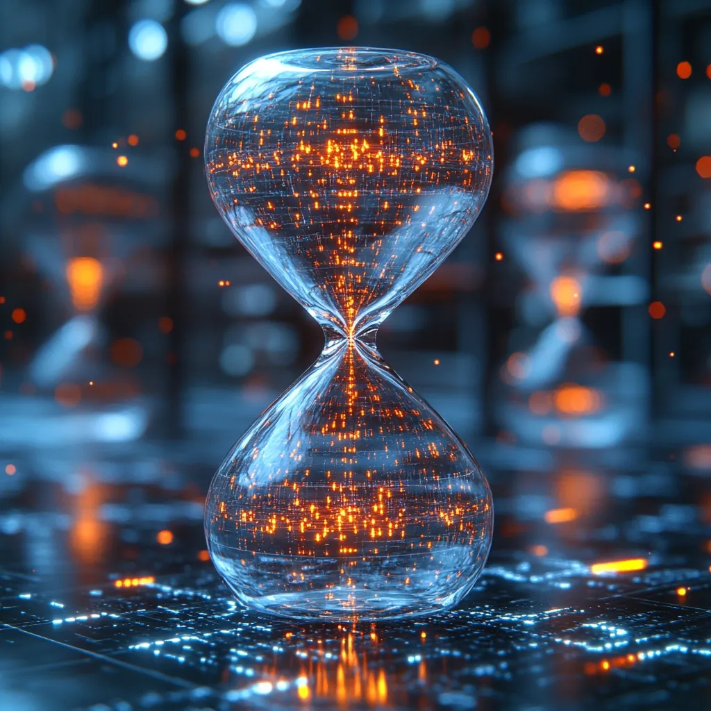 A futuristic hourglass filled with glowing orange data streams sits on a dark, reflective surface.  The glass is transparent, revealing the intricate digital flow within.  Blurred, similar hourglasses in the background suggest a network or system of time-sensitive information.  The image evokes concepts of digital time, data processing, and the passage of information.