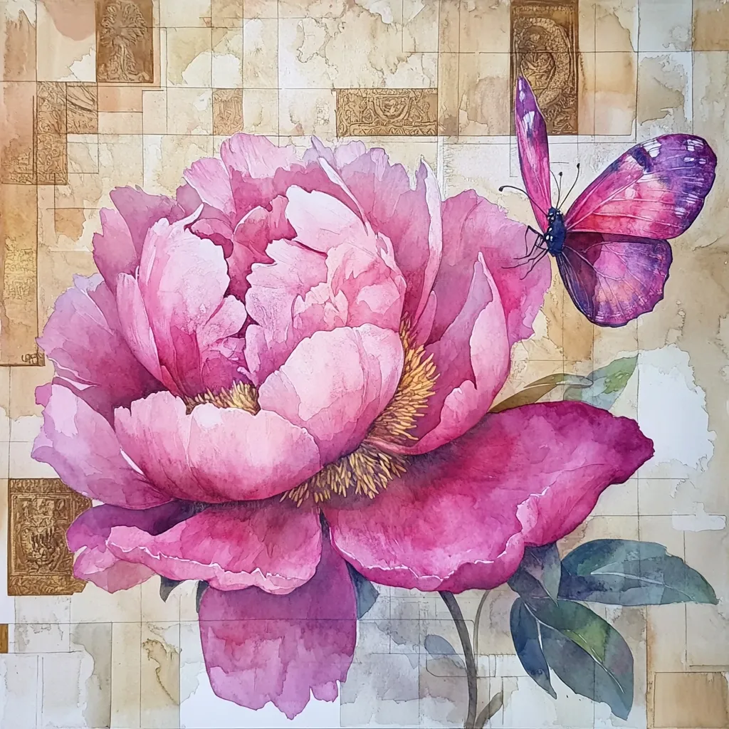 A watercolor painting depicts a vibrant pink peony in full bloom, its delicate petals rendered with soft washes of color.  A purple butterfly rests near the flower, adding a touch of whimsy. The background features a grid of textured, aged squares, suggesting an antique or collage effect, creating a visually rich and layered composition.  The overall style is realistic, yet imbued with a romantic and slightly ethereal quality.