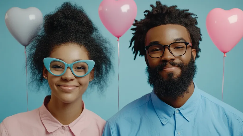 A young Black couple smiles for the camera against a light blue background.  Heart-shaped balloons in pink and grey float behind them. The woman wears light pink shirt and blue cat-eye glasses, while the man sports a light blue button-down shirt and glasses.  They exude happiness and a sense of romantic connection.