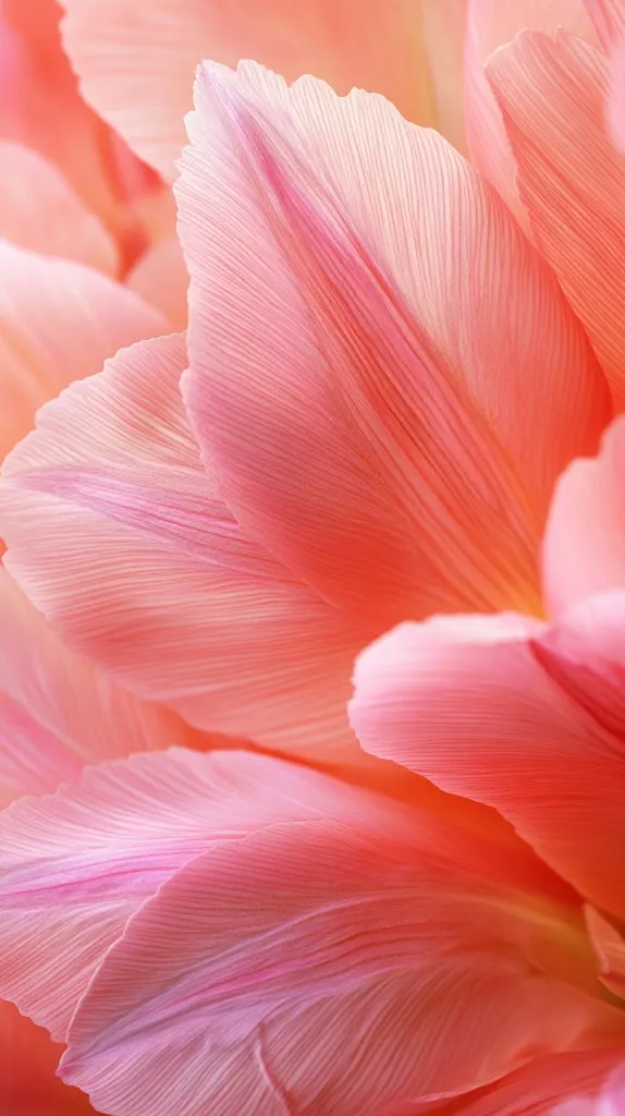 A close-up shot reveals the delicate texture and soft, peachy pink hues of tulip petals.  The image focuses on the intricate veining and subtle color gradations within each petal, creating a visually appealing and almost abstract floral composition.  The soft lighting enhances the ethereal quality of the flower.