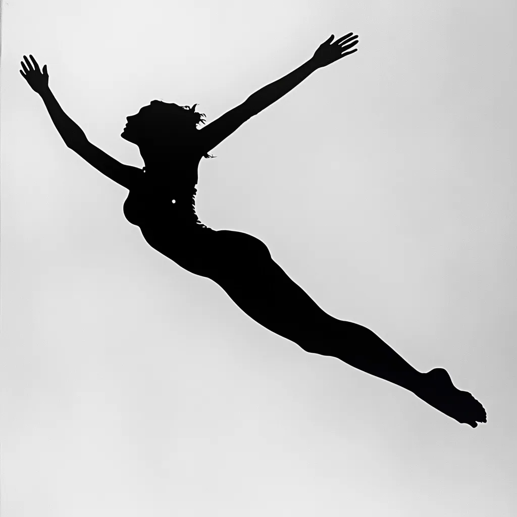 The image is a stark black silhouette of a woman against a light gray background.  She is depicted in mid-leap or dive, her body arcing gracefully.  Arms are outstretched, legs extended, conveying a sense of freedom and movement. The silhouette is simple yet striking, emphasizing the elegance of the human form in motion.