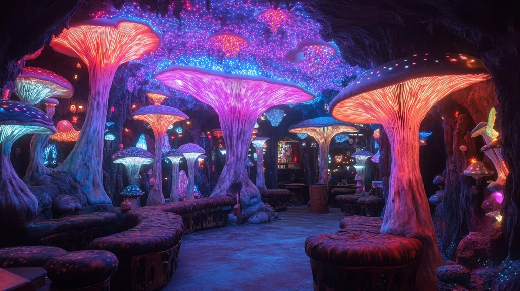 A whimsical, dimly lit bar is decorated to resemble a glowing mushroom forest.  Large, intricately designed mushroom structures, illuminated with vibrant pink, blue, and orange lights, form the centerpiece.  Curved seating areas wind through the space, creating a fantastical and immersive atmosphere.  The overall effect is surreal and enchanting.