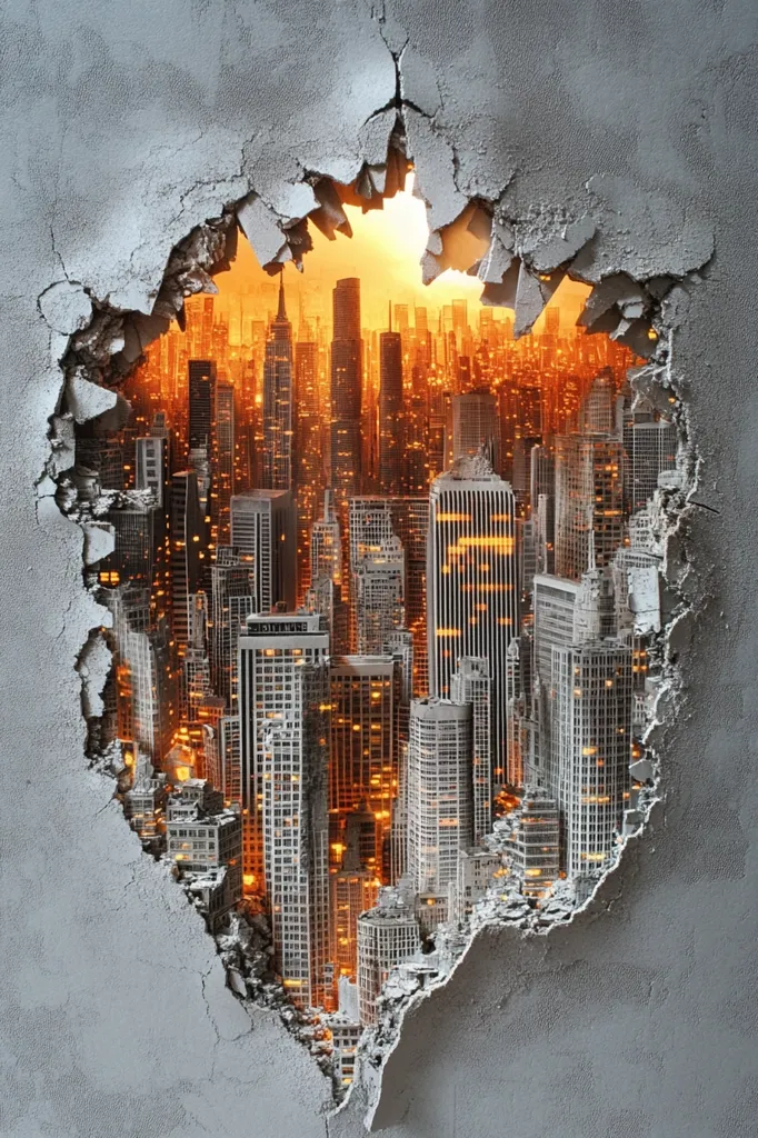 A large hole in a concrete wall reveals a vibrant cityscape at sunset.  Tall skyscrapers glow with warm interior lights, contrasting with the cool gray of the crumbling wall.  The city appears dense and bustling, suggesting a significant urban center. The image creates a striking juxtaposition between the harsh, broken concrete and the dynamic, luminous city within.