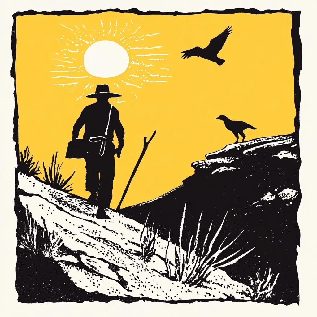 A lone figure, silhouetted against a vibrant yellow sunset, traverses a rugged, desert landscape.  He carries a satchel and a long staff, his journey marked by the stark beauty of the arid terrain.  Birds, a soaring hawk and a perched crow, observe his solitary trek, adding to the desolate yet majestic atmosphere. The artwork is rendered in a bold, graphic style reminiscent of vintage printmaking.