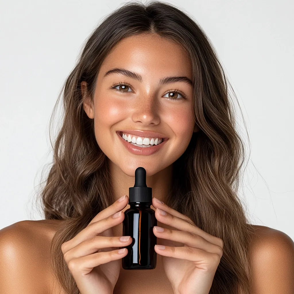 A young woman with long, wavy brown hair smiles brightly while holding a dark amber glass bottle with a black dropper.  Her skin is radiant and clear.  She appears happy and healthy, showcasing the product effectively. The backdrop is a simple, off-white.  The overall impression is one of beauty and skincare.