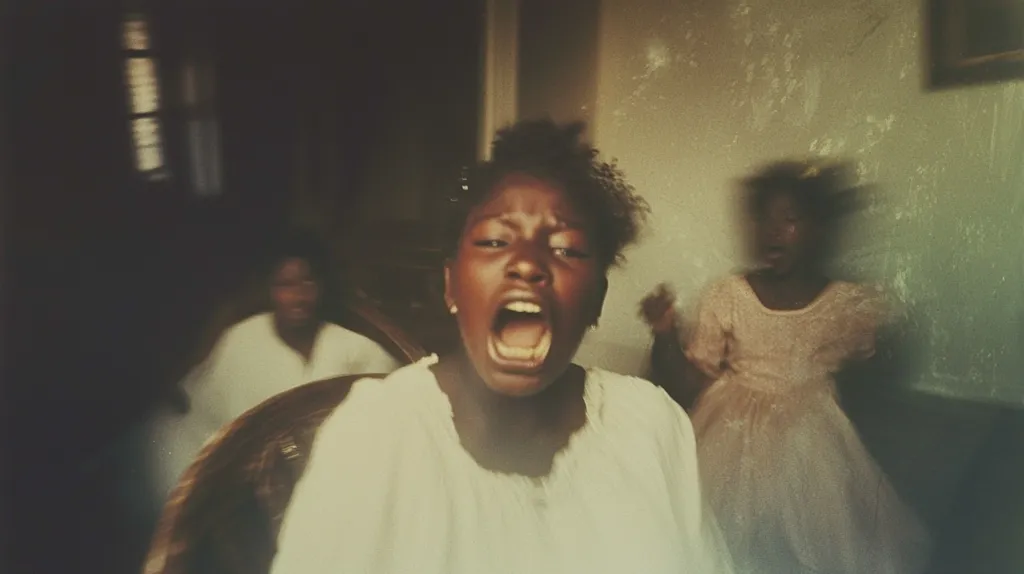 A young Black girl screams, her mouth wide open in a moment of intense emotion.  She's wearing a light-colored loose dress. In the blurred background, another girl in a peach-colored dress and a partially visible adult are present. The setting appears to be an older home with textured walls. The image has a slightly faded, vintage quality.