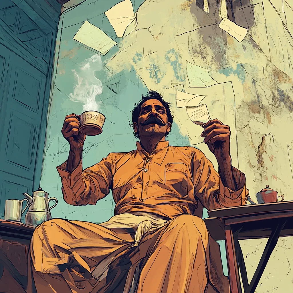 A stylized illustration depicts a man with a mustache, seated and wearing an orange kurta, leisurely enjoying a cup of tea.  He holds a piece of paper in his other hand, amidst a backdrop of swirling papers and a weathered wall. The scene is reminiscent of a vintage setting, possibly a cafe or office, with a warm color palette.  The overall style blends realism with a hint of graphic novel aesthetics.