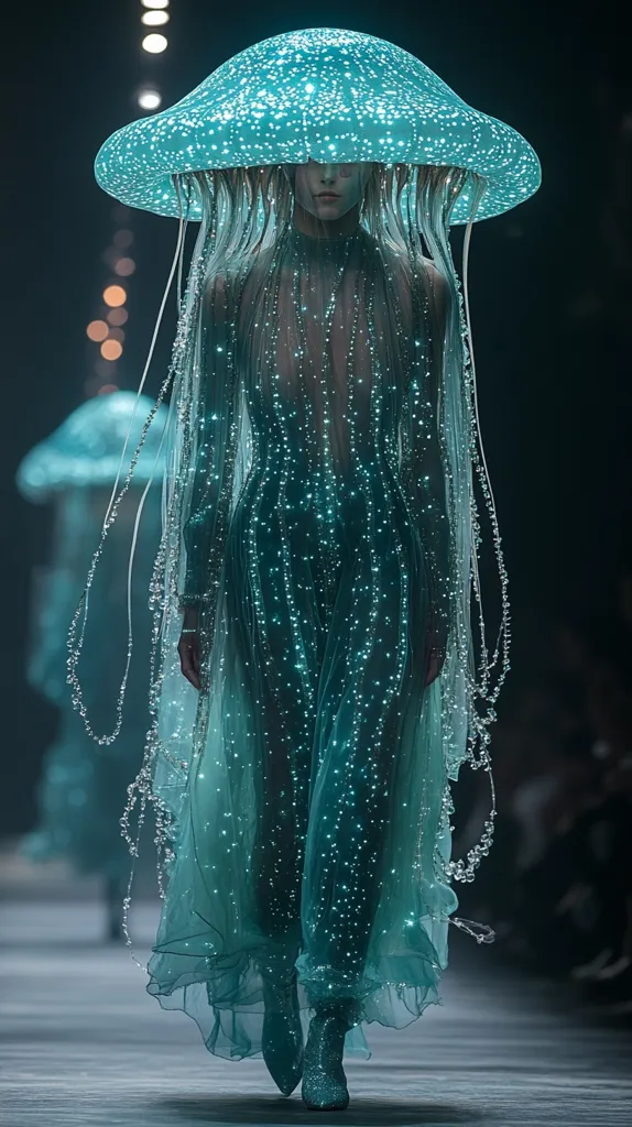 A model strides down a runway in a breathtaking, ethereal gown.  The turquoise ensemble features a luminous jellyfish-inspired headpiece, with cascading strands of light mimicking tentacles. The dress itself is sheer, adorned with sparkling embellishments that create a mesmerizing, underwater effect. The overall aesthetic is otherworldly and captivating.