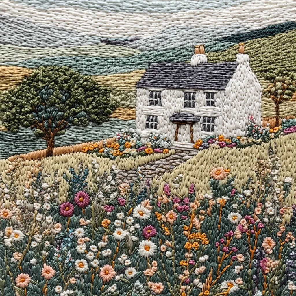 A meticulously crafted needlepoint depicts a charming white cottage nestled in a vibrant wildflower meadow.  A stone pathway leads to the house, which overlooks a tranquil body of water and rolling hills under a soft, cloudy sky.  The detailed embroidery showcases a variety of textures and colors, creating a picturesque rural scene.  Two trees frame the landscape, adding depth and tranquility to the artwork.