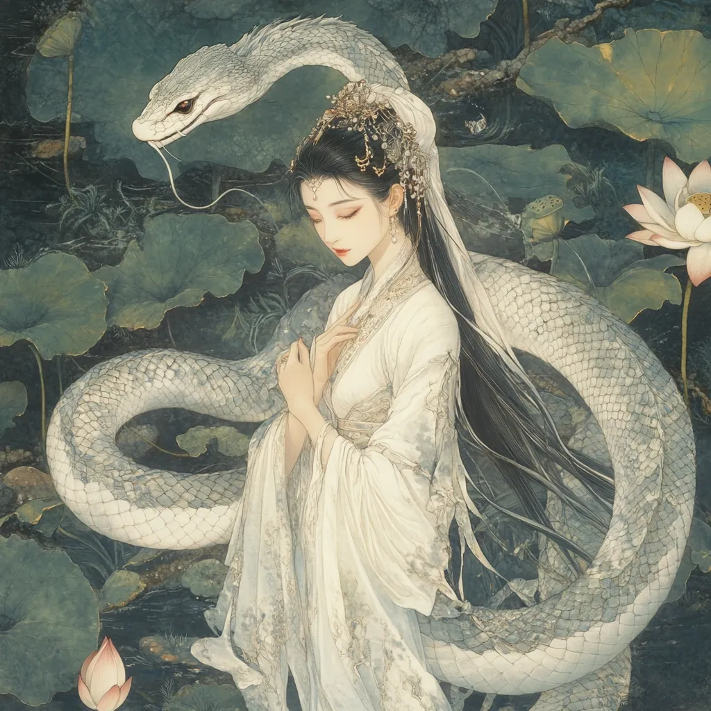 An elegant woman in flowing white Hanfu stands amidst lush lotus leaves.  A large, pale serpent gracefully coils around her, its head resting near her shoulder.  The scene is serene and ethereal, painted in soft, muted tones, evoking a sense of mystical beauty and ancient lore. The woman's delicate features and the serpent's gentle presence create a harmonious and captivating image.