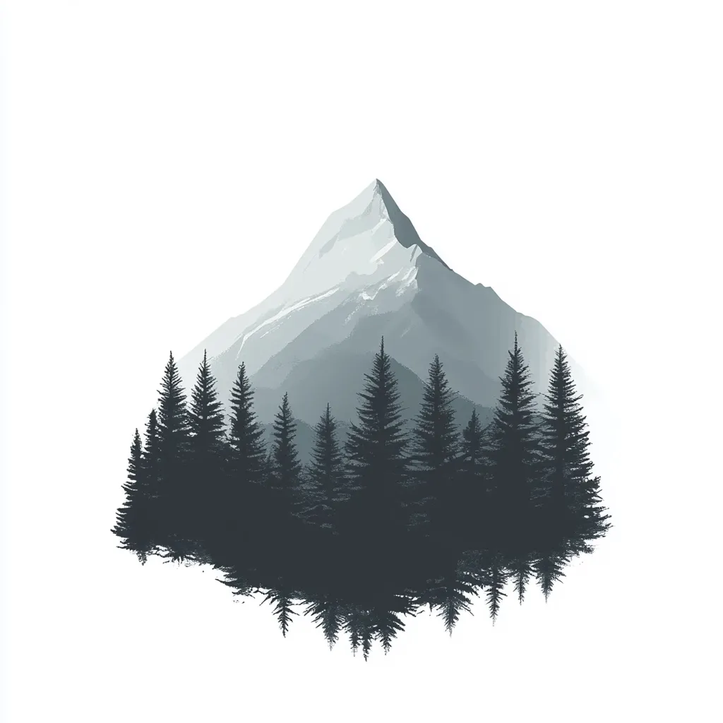 A stylized illustration depicts a majestic snow-capped mountain rising behind a dense forest of evergreen trees. The mountain is rendered in shades of blue and gray, while the trees are silhouetted in dark gray, creating a striking contrast against the white background.  The image is mirrored below the tree line, enhancing the sense of depth and tranquility.