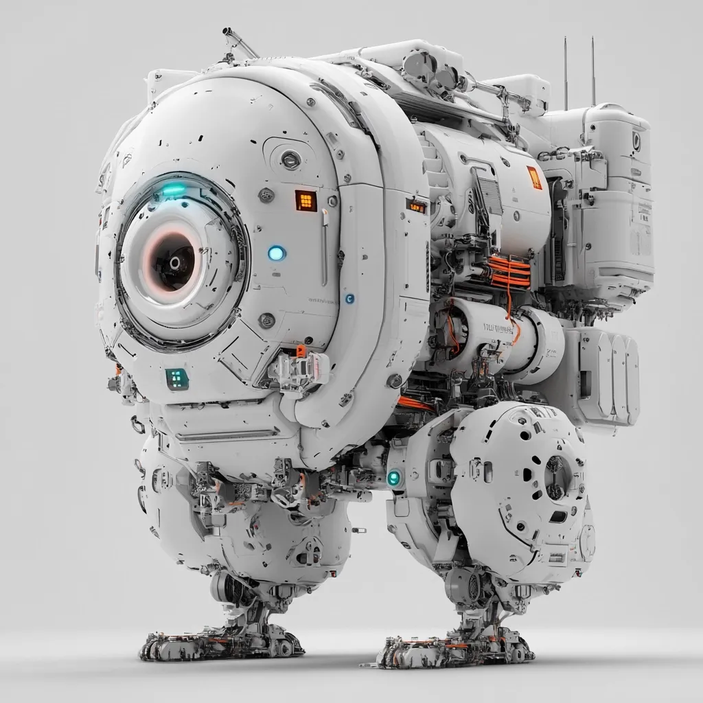A futuristic, white robotic device stands on four rounded legs. Its body is a complex arrangement of tubes, panels, and glowing lights, suggesting advanced technology.  A large, central circular element features a prominent lens, resembling an eye.  The overall design is sleek and highly detailed, implying a blend of mechanical and biological aesthetics.  The robot appears stationary against a plain white background.