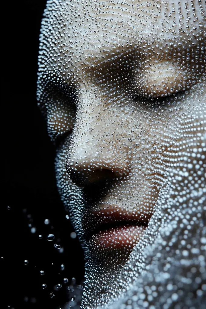 A close-up shot reveals a face seemingly encased in a veil of countless tiny water droplets.  The droplets cling to the skin, obscuring features yet highlighting the contours of the face and lips.  The background is a stark black, contrasting sharply with the glistening, textured surface.  The overall effect is surreal and ethereal, suggesting a theme of hydration or transformation.