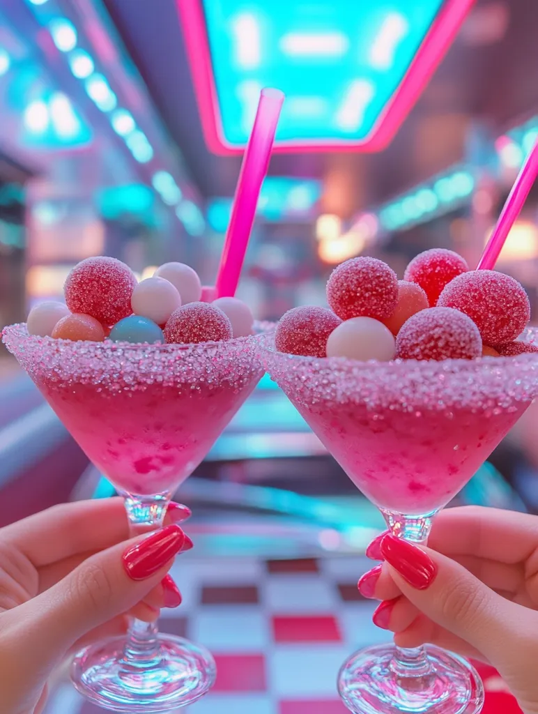 Two martini glasses filled with a vibrant pink slushy are adorned with sugared pink and white candy balls.  Pink straws stick out from the drinks.  The glasses are held by hands with bright red nails, set against a blurred background of a retro-style diner with neon blue and pink lighting. The scene is playful and visually striking.