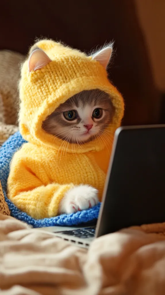 An adorable gray tabby kitten, wearing a cozy yellow knitted hoodie, sits on a bed using a laptop.  Its paws rest gently on the keyboard. The kitten's serious expression and the warm lighting create a charming and heartwarming scene. The overall mood is one of comfortable domesticity and playful cuteness.