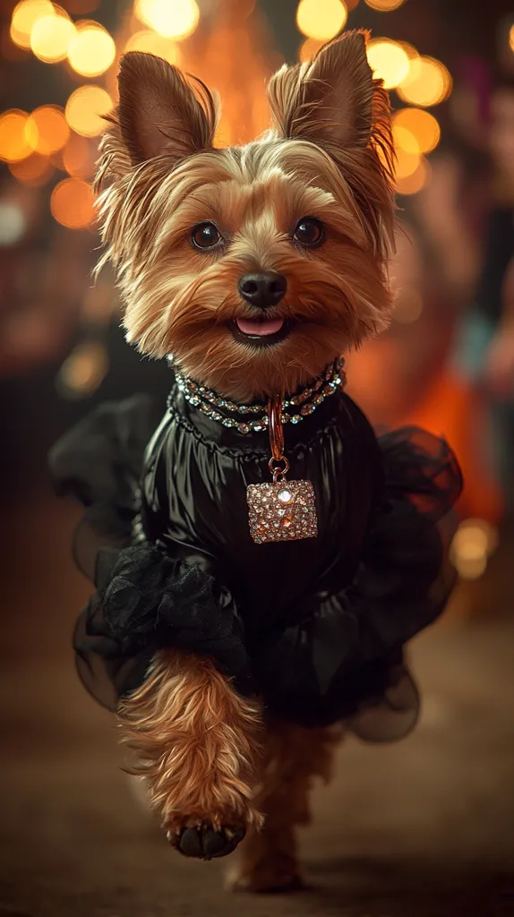 A Yorkshire Terrier, elegantly dressed in a black ruffled outfit adorned with a sparkling jeweled collar and pendant, is captured in a captivating close-up.  The dog's joyful expression and the warm, blurred bokeh background create a charming and sophisticated image.  The scene suggests a festive or celebratory occasion, highlighting the dog's adorable features and stylish attire.