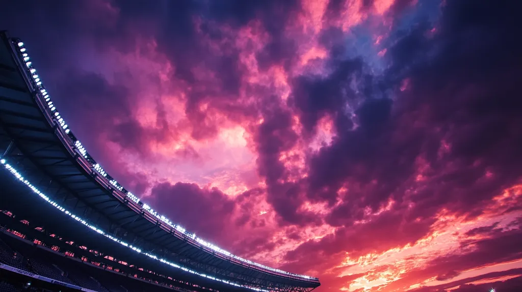 A dramatic sunset casts vibrant pink and purple hues across a sprawling sky.  Below, the curved roofline of a stadium, illuminated by bright lights, stretches towards the breathtaking spectacle above. The contrast between the artificial lights and the natural beauty of the sky creates a striking visual. The scene evokes a sense of awe and wonder.
