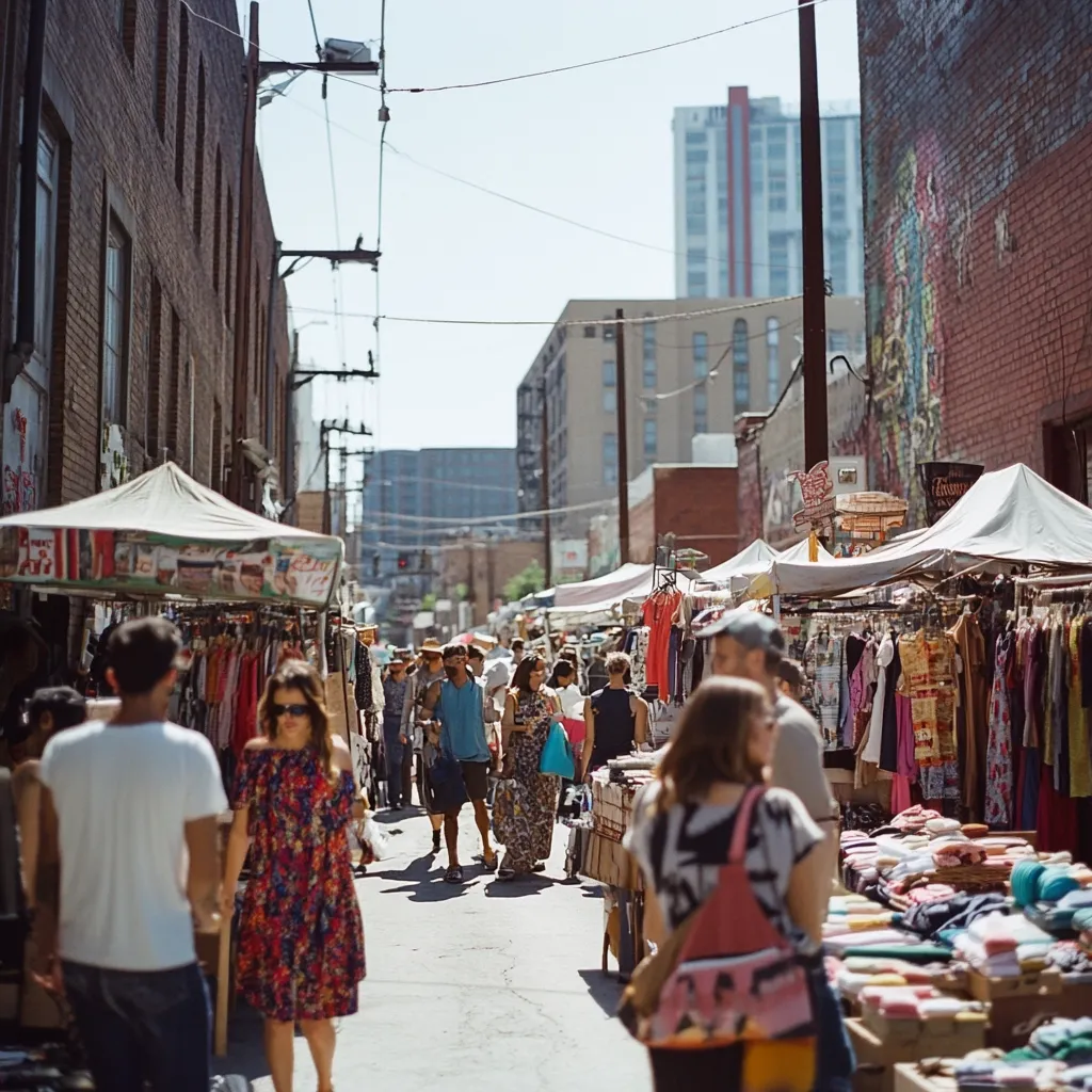 A bustling outdoor market fills a narrow alleyway between brick buildings.  Numerous market stalls overflow with clothing and other goods, attracting a crowd of shoppers.  The sun shines brightly, casting shadows on the pavement.  Tall buildings rise in the background, creating a city backdrop for this vibrant street scene.  People browse and chat, enjoying the lively atmosphere of the open-air marketplace.