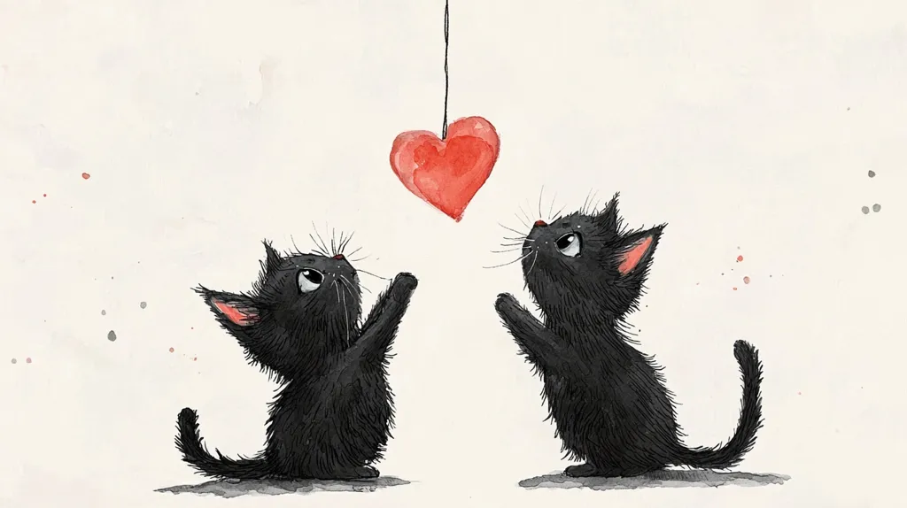 Two adorable black kittens look up at a red heart hanging from a string.  The watercolor-style illustration features the kittens in a sweet, endearing pose, suggesting a romantic or loving theme.  The background is a soft, off-white with delicate watercolor splatter effects. The image is charming and whimsical.