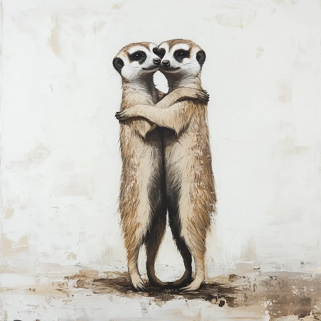 A painting depicts two meerkats embracing tightly, their bodies intertwined in a loving hug.  The meerkats are rendered realistically, with detailed fur and expressive faces.  The background is a textured off-white, creating a soft contrast to the animals. The overall mood is one of warmth and affection.