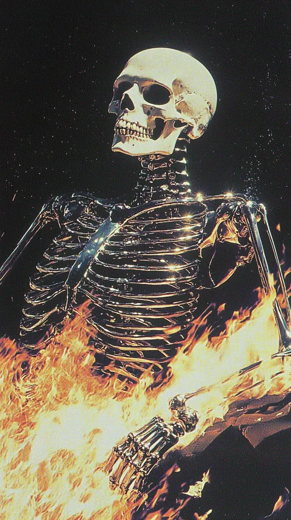 A metallic skeleton, seemingly chrome or silver, is engulfed in fiery flames against a dark, starry background.  The skull is positioned at the top, gazing upward. The image has a vintage aesthetic, possibly inspired by 80s or 90s art styles. The intense contrast between the cold metal and the hot fire creates a dramatic visual.