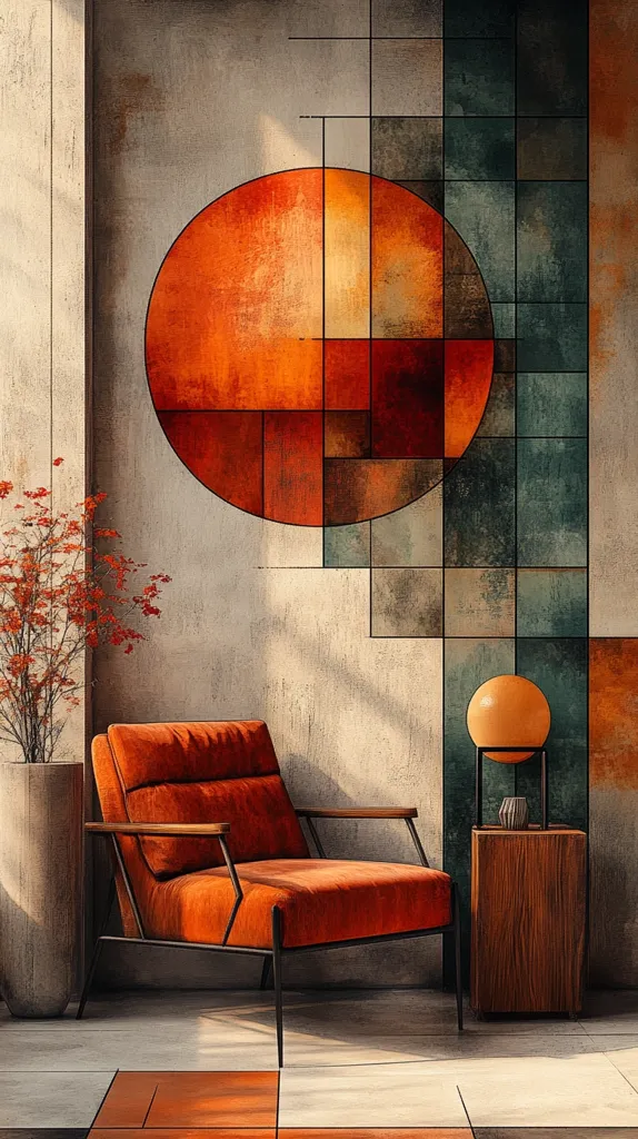 A modern interior scene features a burnt orange armchair with a black metal frame, positioned against a wall adorned with geometric abstract art. The artwork, dominated by a large orange circle segmented by lines, contrasts with teal and beige tones.  A small wooden side table holds a spherical lamp, adding to the room's warm, minimalist aesthetic. Sunlight streams through a window, illuminating the space.  A small plant in a pot sits to the left of the chair, complementing the overall color palette.
