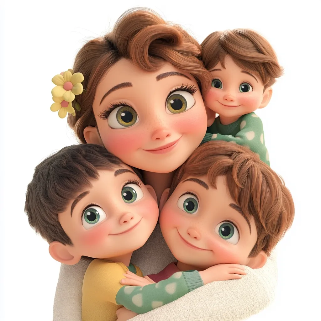 A heartwarming illustration depicts a mother with three adorable children.  The mother, with auburn hair adorned with a yellow flower, smiles serenely as her three sons hug her tightly. The children, each with charmingly large eyes and rosy cheeks, express love and affection. The scene is rendered in a 3D cartoon style, exuding warmth and familial joy.