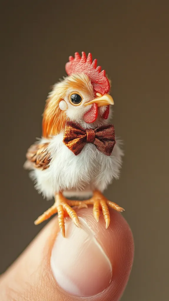 A tiny, fluffy chick, sporting a miniature brown bow tie, perches delicately on a person's fingertip.  Its bright red comb and orange feathers contrast with its white fluffy body.  The image is a close-up, highlighting the chick's small size and endearing appearance. The background is a blurred, muted brown.