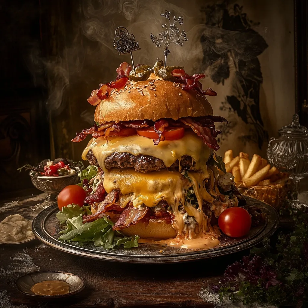 A colossal double cheeseburger, adorned with bacon, lettuce, tomato, and melted cheese, dominates the scene.  Its immense size and oozing cheese suggest decadence.  The burger sits on a rustic, dark metal plate, accompanied by French fries and small dishes of condiments. The overall aesthetic is dark and moody, highlighting the burger's rich textures and colors.  Steam rises from the burger, adding to its visual appeal.