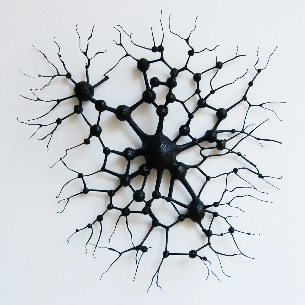 A black, three-dimensional artwork resembling a complex neural network or intricate web.  Small spheres are interconnected by thin, branching lines, radiating outward from a central, larger sphere. The piece has a delicate, almost organic appearance, suggesting a biological or scientific theme.  It's displayed against a plain white background, highlighting its intricate details.